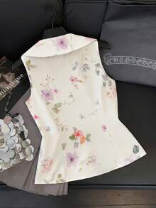 GlowEve Women's Floral Print Sleeveless Button-Up Shirt, Summer - Beige - View 2