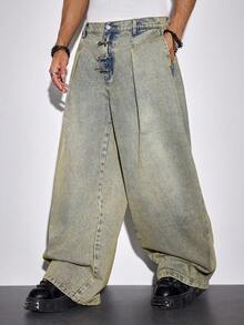 ROMWE MEN Street Life Men's Washed Distressed Pleated Casual Flared Jeans - Blue - View 4