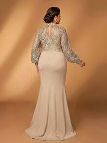 Serin Plus Size Elegant Romantic Champagne Water Drop Collar Puff Sleeve Luxury Sequin Patchwork Knit Waist Applique Mermaid Hem Dress, Suitable For Wedding, Party, Celebration, Mother Of The Bride Gown - Champagne - View 2