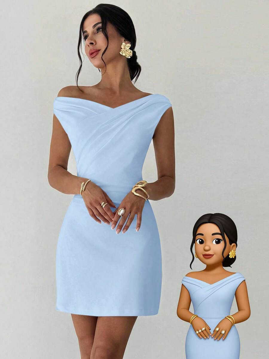 Firerie Women's Elegant Minimalist Chic Fashion Sexy Daily Commute Music Festival Vacation Asymmetric Neck Draped White A-Line Mini Dress, Spring/Summer - Baby Blue - View 1