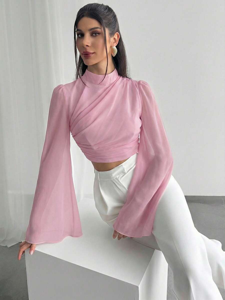 Firerie Women's Elegant Minimalist Delicate Romantic Vacation & Commute Chiffon Draped Flare White Blouse,Summer Top - Dusty Pink - View 1