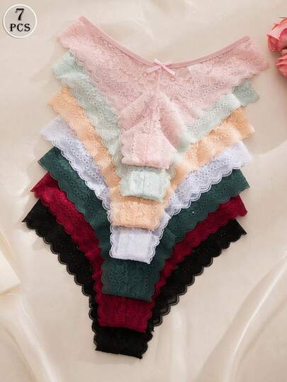 7pcs Elegant Lace Women's Bikini Panties, Multicolor Underwear