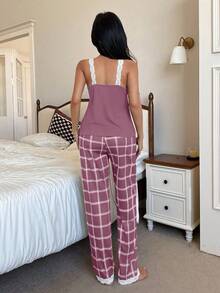 DUSKBASE Contrast Color Lace Patchwork Camisole & Plaid Print Pants Women Pajama Set Lace Pajama Set Sleep Wear Women 2 Pieces Set - Mauve Purple - View 2