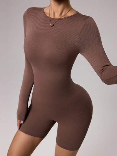 Dewbera 女士纯色罗纹针织露背长袖连体裤，适合春、夏、秋季穿着
