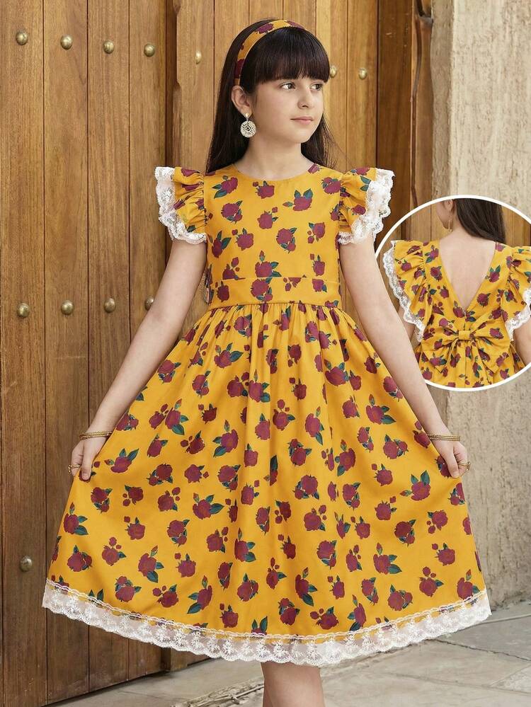 SHEIN Tween Girls Back Big Bow Woven Ditsy Floral Lace Slim Fit A-Hem Dress, Suitable For Girls Daily Wear, Festivals, Family Gatherings And Special Occasions, Suitable For Spring And Summer جلابياتjalabiya  عباياتabaya  الملابس التقليدية العربية Floral Print Dresses Girls Girls Matching Dresses Girls Dress فساتين بنات Kids Yellow Dress Girls Lace Trim Dress - Yellow - View 1