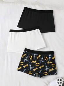 BATMAN X SHEIN 3pcs Tween Boy Cartoon Hero Logo & Letter Graphic Breathable Comfortable Boxer Briefs - Black and White - View 2