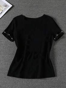 INAWLY 大码女式 V 领水钻装饰 T 恤 - 圆领休闲上衣 - 轻薄 T 恤，适合所有季节 - 黑色 - 查看 2