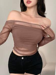 DAZY Blusa transparente de malla elástica de un solo hombro para mujer, primavera/verano - Marrón Chocolate - Ver 6