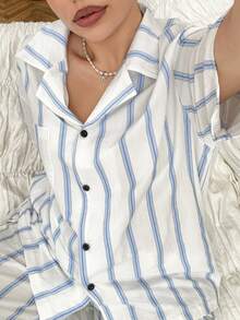 Dazy Plus 2pcs/Set Casual Striped Pajama Set, Loose Short Sleeve Top And Straight Leg Pants, Plus Size Women Spring/Autumn Sleepwear - Blue and White - View 4