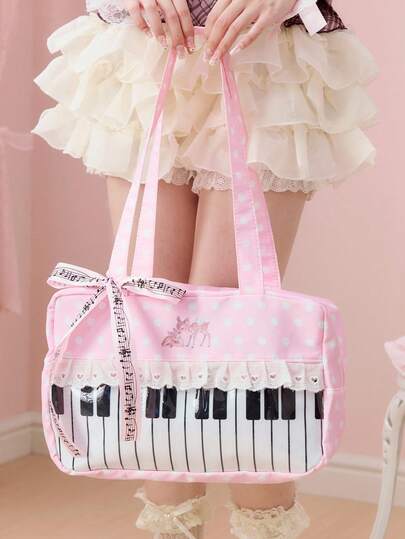 ROMWE Anime 1pc Cute Sweet Bow Heart Lace Patchwork Polka Dot Pop Art Women Tote Bag, 2nd Gen Snack Quantity Music Note Music Festival Transparent Layer Badge Doll Display Shoulder Bag, Suitable For Shopping, Campus