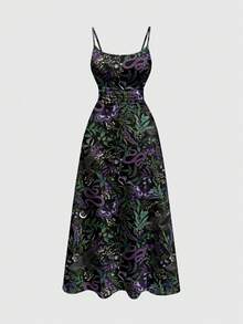 ROMWE Đầm slip size lớn gợi cảm họa tiết rắn và đại bàng bí ẩn kiểu Gothic, thích hợp cho mùa xuân/hè. - màu đen - Xem 1