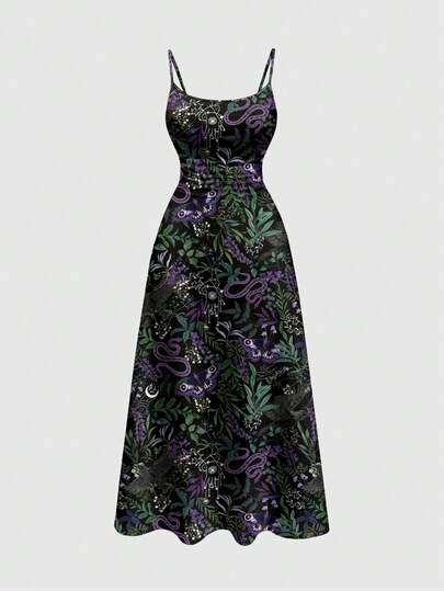 ROMWE Gothic Dark Mysterious Snake & Eagle Dark Garden Sexy Plus Size Slip Dress, Spring/Summer