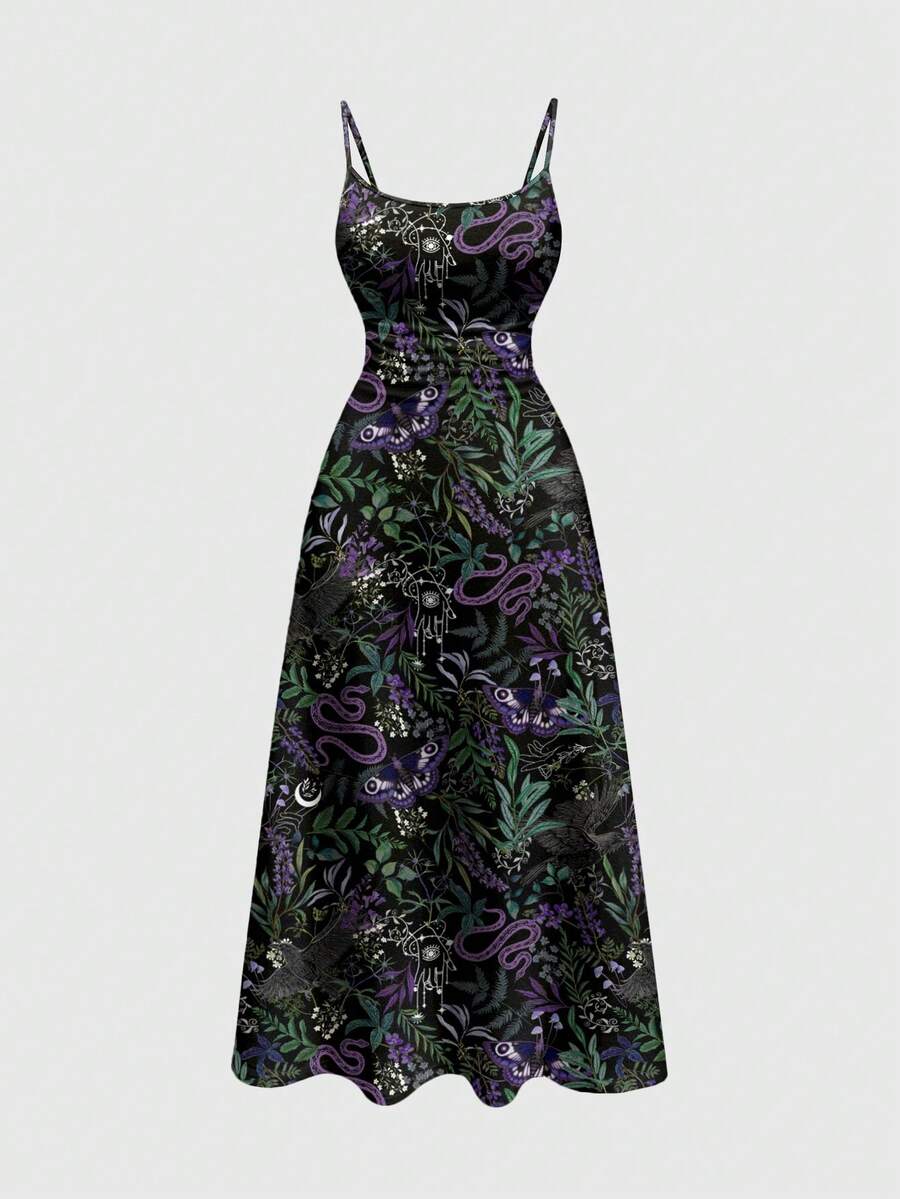 ROMWE Đầm slip size lớn gợi cảm họa tiết rắn và đại bàng bí ẩn kiểu Gothic, thích hợp cho mùa xuân/hè. - màu đen - Xem 1