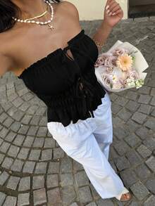 Sunnyshic Top tubo plisado con volantes y cordones para mujer - Negro - Ver 1