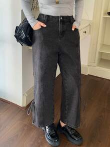 Dazy Plus Quần jeans nữ cỡ lớn thời trang, kiểu dáng vintage, xẻ tà, ôm sát mắt cá chân, phối nhiều mảng màu và nơ, thích hợp mặc cả bốn mùa. - Màu xám đen - Xem 7