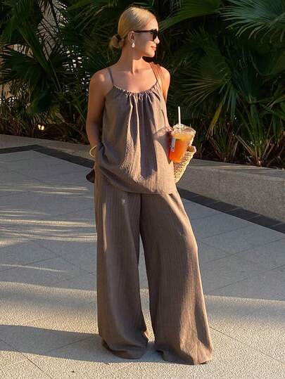 Livesso Women's Solid Color Camisole And Wide Leg Pants Casual 2 Pieces Set