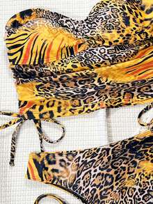 Swim SXY 2pcs Leopard Print Detachable Strap Pleated Front Drawstring Waist Casual Beach Bikini Set For Women - Multicolor - View 3
