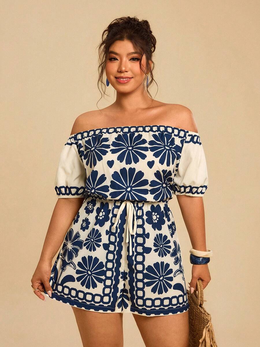 Travachic 大码女式蓝白碎花短款连体裤，露肩短袖收腰连体裤，休闲度假连体裤 - 藍白色 - 查看 1