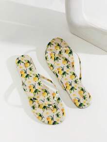 Solezae Women's Round Toe T Strap Thong Lemon Prints Slip On Sandals - Multicolor - View 5