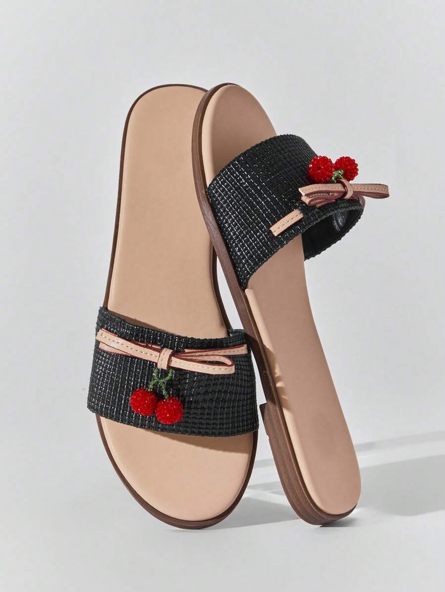 Solezae Women Cherry Fruit Decor Slip-On Open Toe Everyday Summer Dreamy Cute Raffia PU Flat Sandals Valentine's Day - Black - View 1