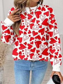 SHEIN LUNE Casual Minimalist Valentine's Day Atmosphere Heart Print Round Neck Loose Fit Women Sweatshirt, Suitable For Outings, Family Wear, Sisters Matching, Chic, Commuting, Weddings, Parties - Multicolor - View 3
