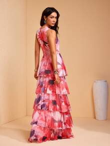 JIAN LASALA Đầm maxi nữ xếp lớp, họa tiết hoa toàn thân, chất liệu lưới, cổ chữ V sâu, tay áo cài khóa kim loại. - Màu Hồng Tươi - Xem 2