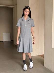 Dazy Kids 少女翻领纽扣半开襟独角兽印花休闲度假短袖连衣裙 - 灰色 - 查看 5