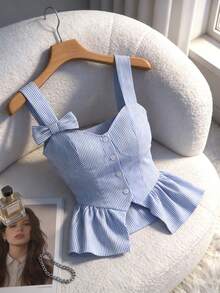 GlowEve 女士新款蓝色条纹褶皱优雅腰身A字蝴蝶结装饰吊带背心，适合度假、约会和日常穿着，春夏款 - 藍色 - 查看 1