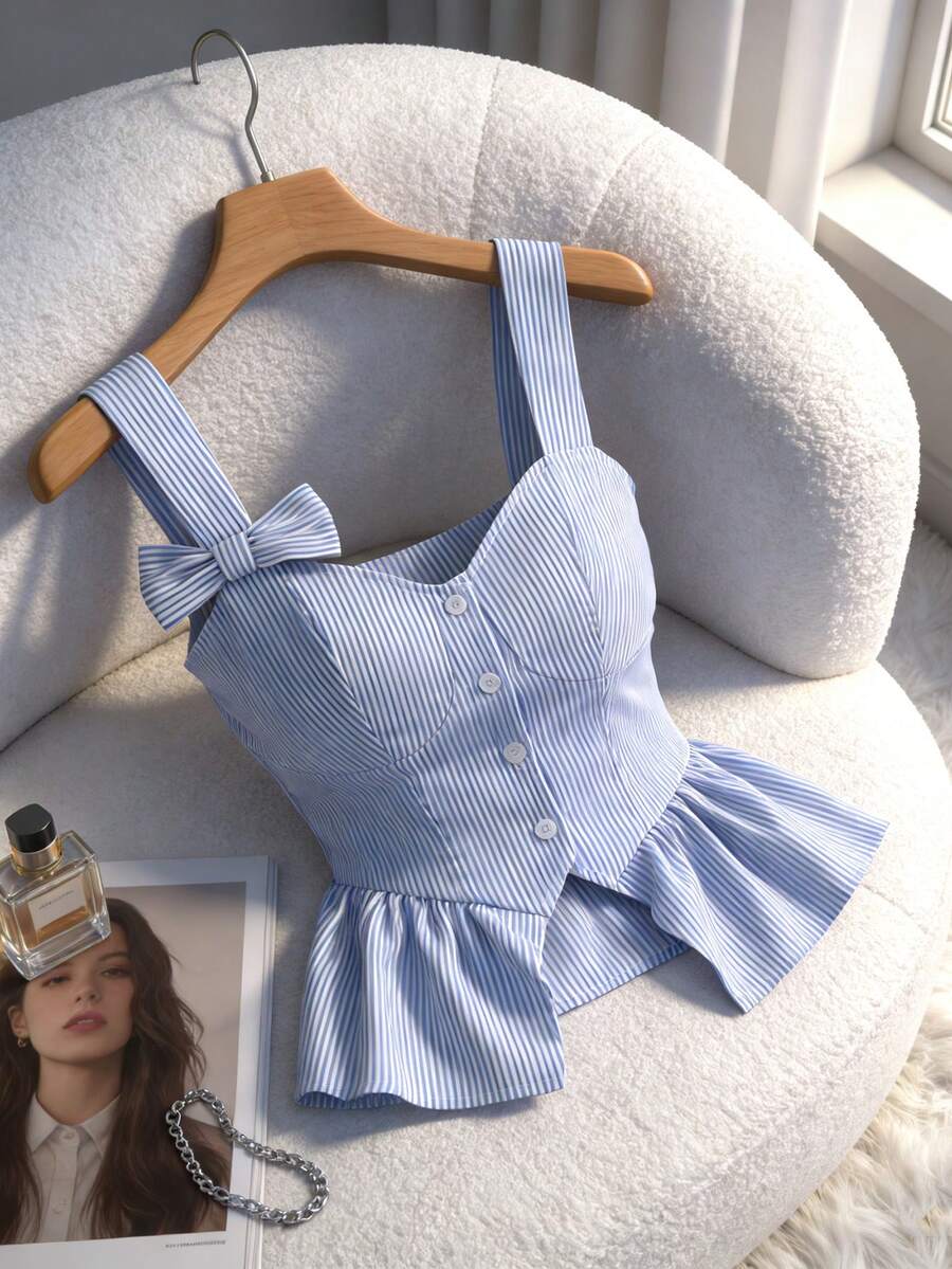 GlowEve 女士新款蓝色条纹褶皱优雅腰身A字蝴蝶结装饰吊带背心，适合度假、约会和日常穿着，春夏款 - 藍色 - 查看 1