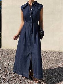 Livesso 女士无袖翻领收腰纯色牛仔连衣裙 - 藍色 - 查看 3