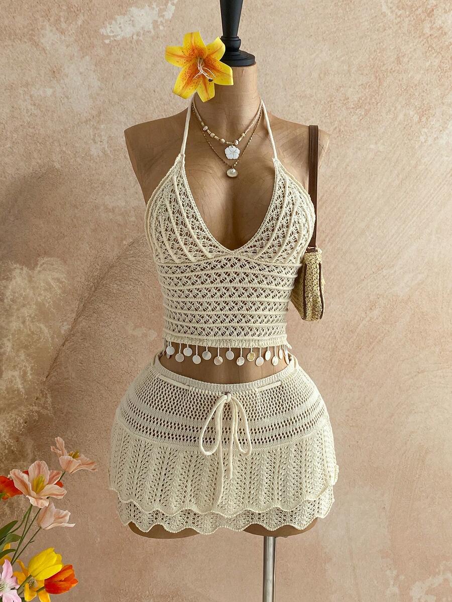 Soleia Solid Color Sequin Hollow Out Knit Halter Top - Apricot - View 1