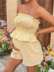 SHEIN Set de top bandeau con volantes y shorts de cintura ajustable a rayas para maternidad - Amarillo - Ver 5