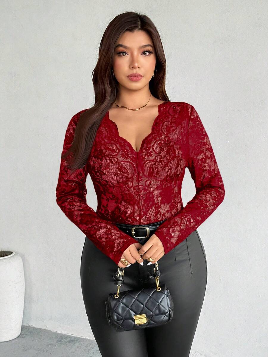 Firerie Top elegant casual mărimă mare, cu dantelă, decolteu în V, mânecă lungă, elastic, versatil pentru purtare zilnică și vacanță, primăvară/toamnă - roșu - Vizualizare 1