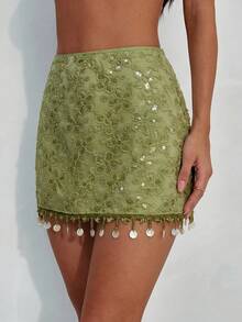 Aloruh 优雅亮片流苏沙滩迷你裙，女士 - 綠色 - 查看 5