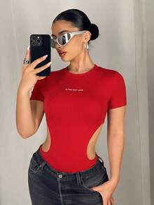 SHEIN ICON Y2K Style Women's Black High Stretch Hollow Out Lightweight Seamless Knit Bodysuit Bodysuit - Red - View 3