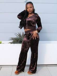 Steph T Women's Velvet Hoodie Jacket And Flared Slim Fit Pants Set, Casual American Style, Autumn/Winter - Brown - View 4