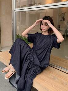 DAZY Women's Casual Denim Round Neck Korean Style Dress - Blue - View 5