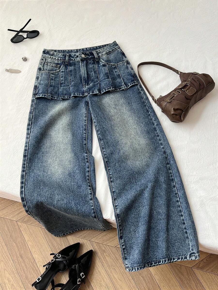 Elamini Women's Casual Washed 2 In 1 Wide Leg Jeans - Medium Wash - View 1