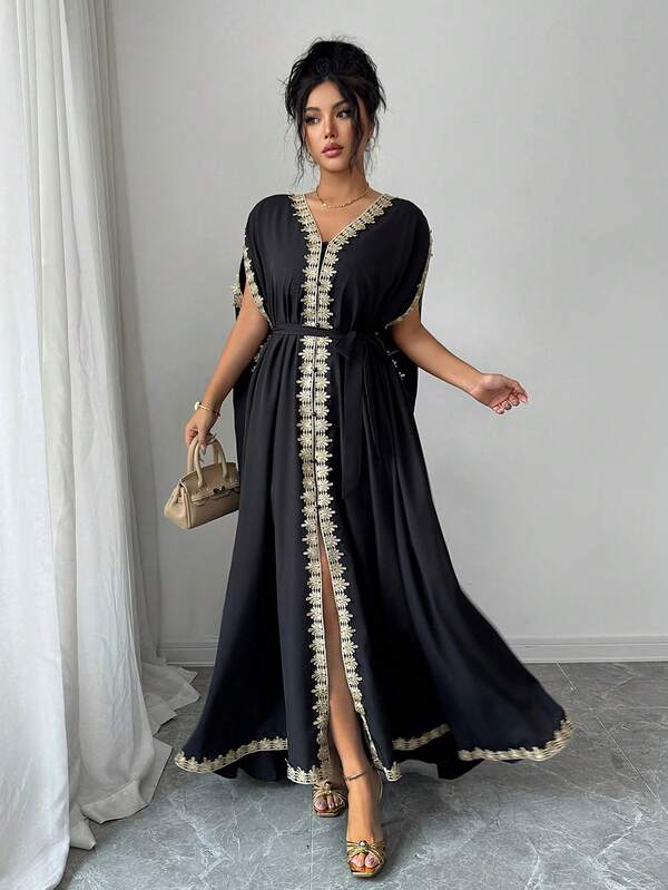 Rafferiza Women's Dress With Contrasting Lace Trim And V-Neck, Black Dress, Embroidered Dress, Elegant Dress, Resort Wear, Beach Dress.Turkish Abaya, Arab Long Robe Fall Cloth For Women.Fashionable Casual Commuter Wear, Business Office Wear, Versatile And Stylish Everyday Casual Wear, Urban Teacher's Professional Attire