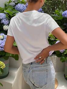 DAZY 白色宽松休闲时尚度假棉混纺短袖T恤，女士，春夏款 - 白色 - 查看 8