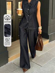 Livesso Women's Denim Suit With Turndown Collar, Asymmetric Buckle And Slim Fit Top & Long Pants - Dark Wash - View 1