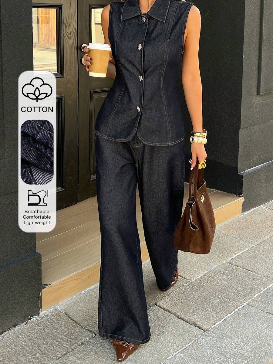 Livesso Women's Denim Suit With Turndown Collar, Asymmetric Buckle And Slim Fit Top & Long Pants - Dark Wash - View 1