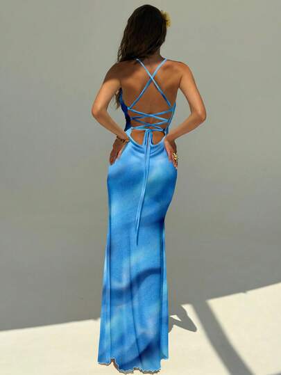 Aloruh Women's Elegant Ocean Blue Tie-Dye Print Backless Dress, Summer Beach Vacation Outfit, Spring Break, Boho Tropical Island Wedding Anniversary Bridesmaid Party Date, Sexy Wedding Guest, Bridal Shower,