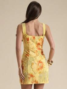 SHEIN BAE Rhinestone & Sequin Embellished Backless Mini Dress, Floral Design, Suitable For Beach, Resort, Elegant, Sweet, Brunch, Summer - Yellow - View 2