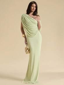 SHEIN BAE Spring/Summer Solid Light Green Ruched One-Shoulder Fitted Elegant Maxi Mesh Dress, Bodycon Fitted Elegant Dress, Flowing Dress - Green - View 1