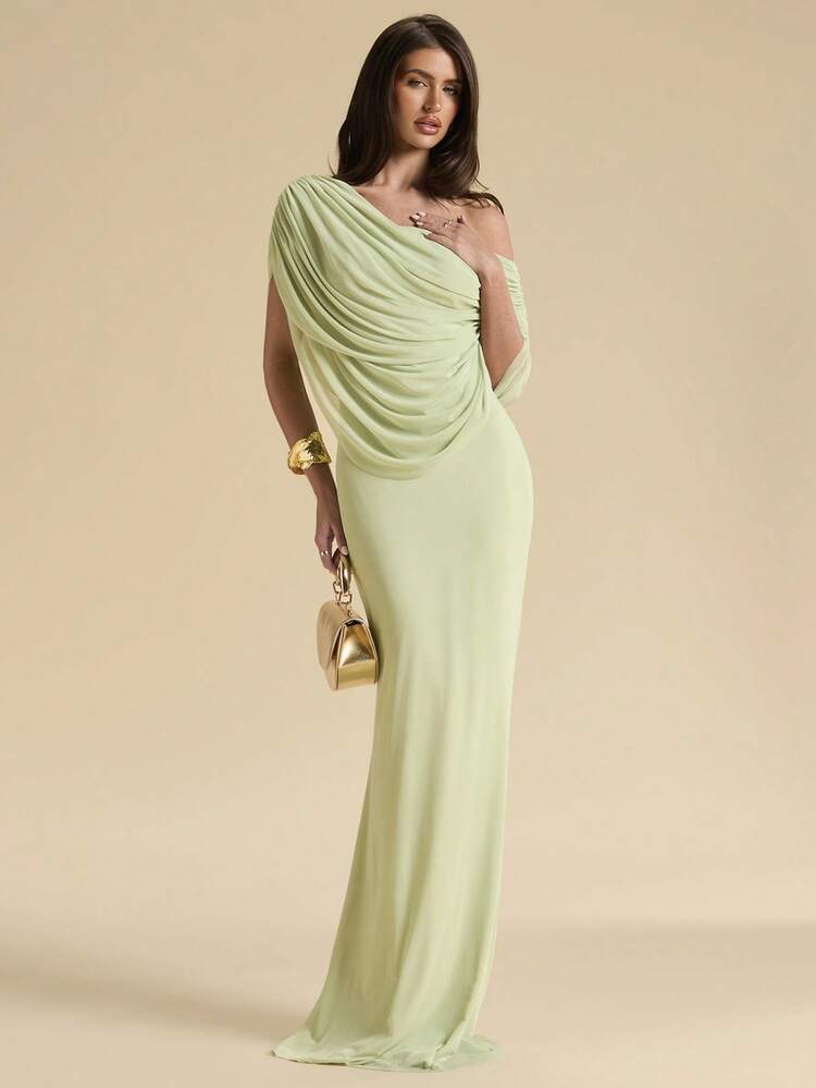 SHEIN BAE Spring/Summer Solid Light Green Ruched One-Shoulder Fitted Elegant Maxi Mesh Dress, Bodycon Fitted Elegant Dress, Flowing Dress - Green - View 3