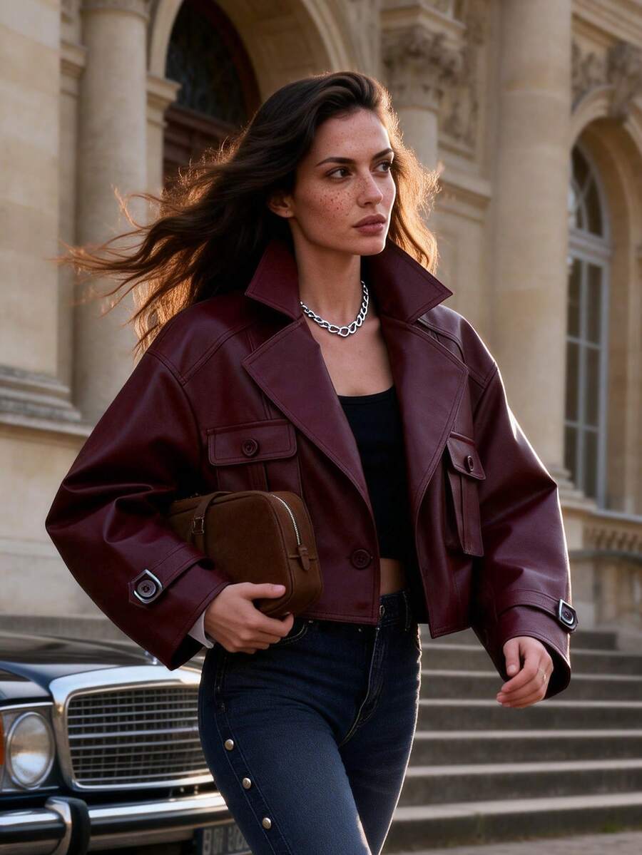 Anewsta Women's Solid Color PU Leather Drop Shoulder Long Sleeve Single-Breasted Casual Jacket