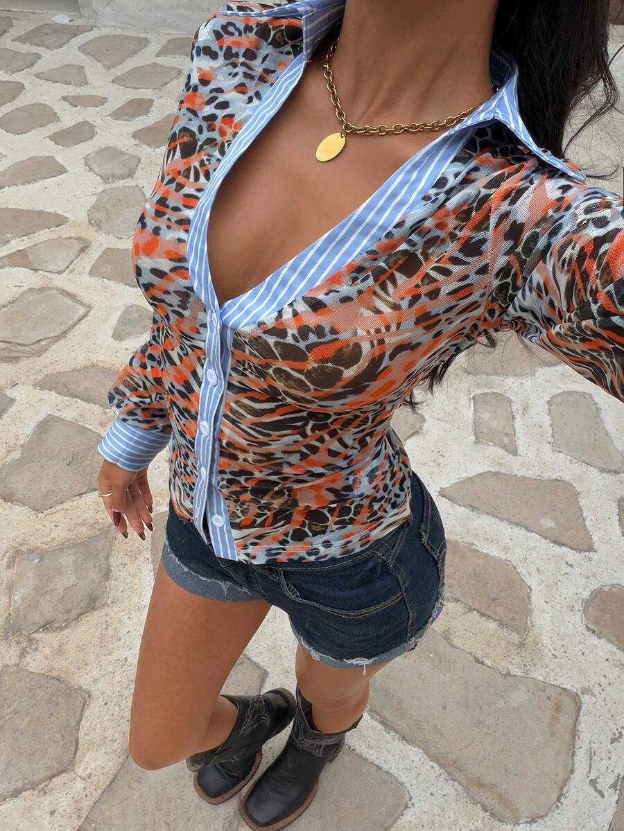 EgrlEra Leopard Print Mesh Patchwork Sexy Blouse - Multicolor - View 1