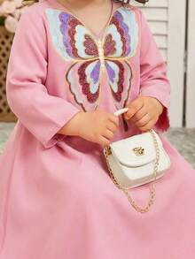 SHEIN Baby Girl Butterfly Embroidery V-Neck Long Sleeve Loose Dress - Pink - View 5
