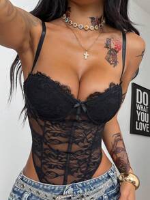 Coolane Women's Summer Festival Club Outfits Sexy Y2K Music Festival Lace Black Slim Fit Bodysuit